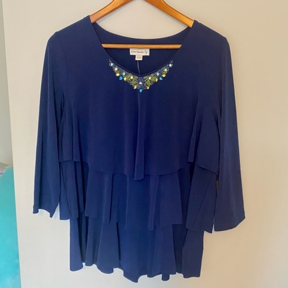 Susan Graver New with tags Liquid Knit Tiered Embellished Top blue large - Picture 6 of 10